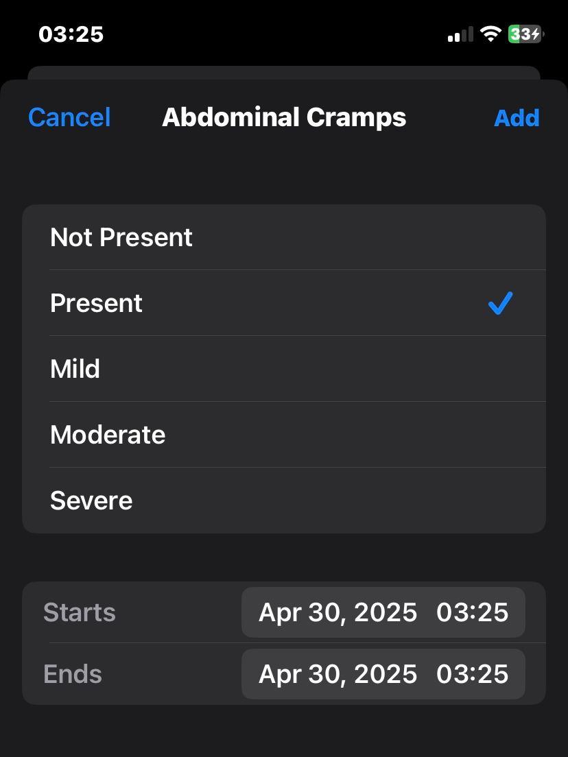 A severity selection screen for Abdominal Cramps in the Health app, with options like Not Present, Present, Mild, Moderate, and Severe. A severity selection screen for Abdominal Cramps in the Health app, with options like Not Present, Present, Mild, Moderate, and Severe.