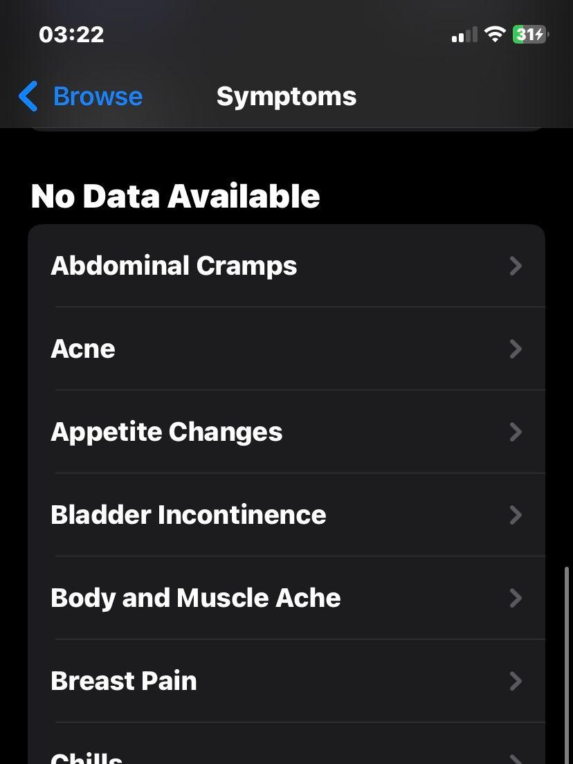 Screenshot of the Symptoms section in the Health app. Screenshot of the Symptoms section in the Health app.