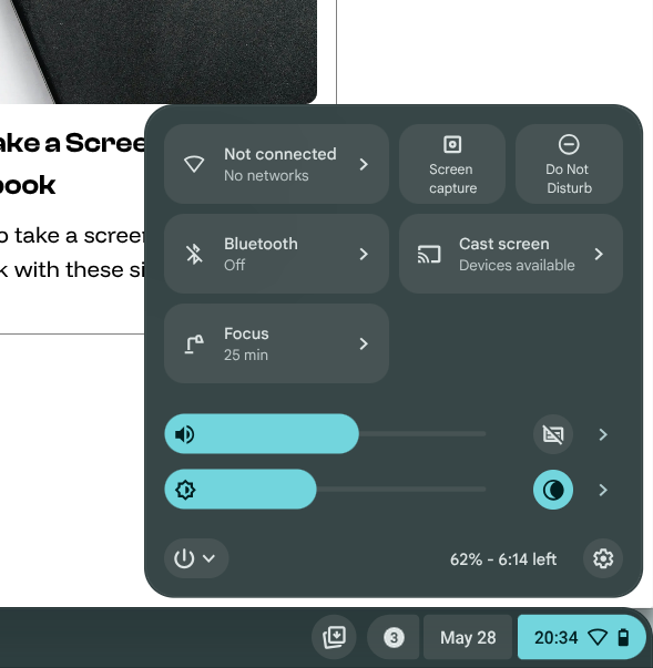 Quick Panel Settings expanded on the Chromebook screen. Quick Panel Settings expanded on the Chromebook screen.