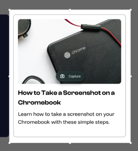 Selection box over part of the Chromebook screen, highlighting the option to capture a specific area. Selection box over part of the Chromebook screen, highlighting the option to capture a specific area.