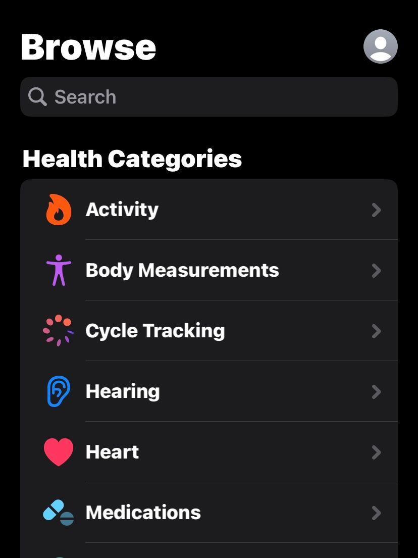 Screenshot showing the Browse section of the Health app. Screenshot showing the Browse section of the Health app.